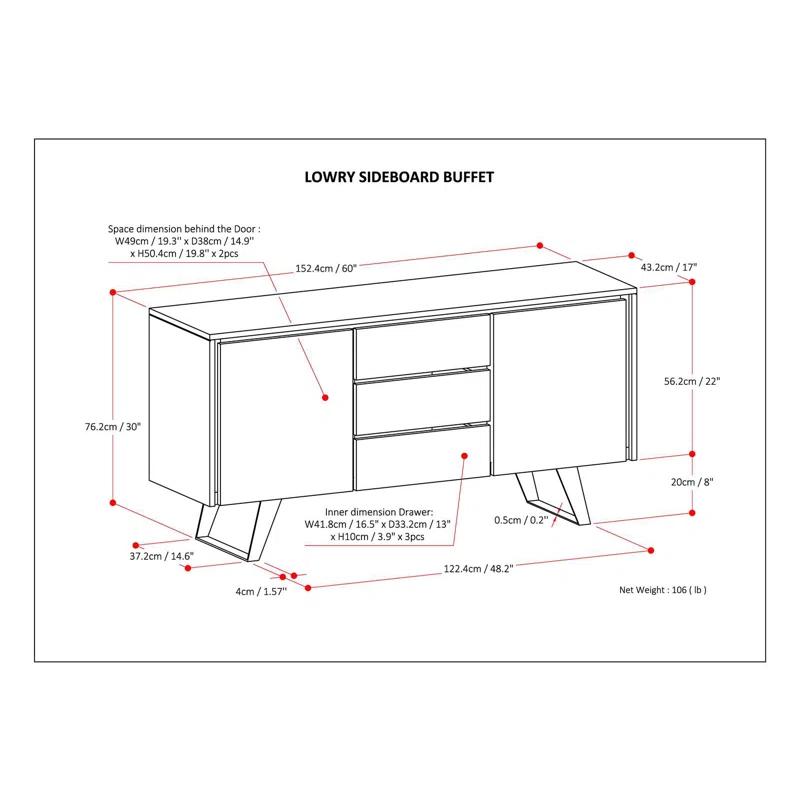 Simpli Home Lowry 60"W Solid Wood Modern Industrial 2-Door Sideboard Buffet with 3 Center Drawers