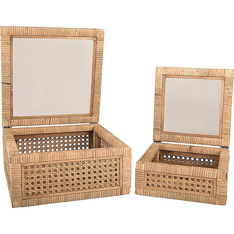 Bayou Breeze Modern Decorative Square Woven Rattan And Wood Display Boxes With Glass Top, Set Of 2 Sizes, Natural Finish