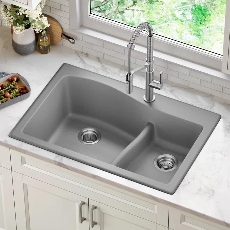 Kraus KRAUS Quarza™ 33" L Dual Mount 60/40 Double Bowl Granite Kitchen Sink KGD-442GREY