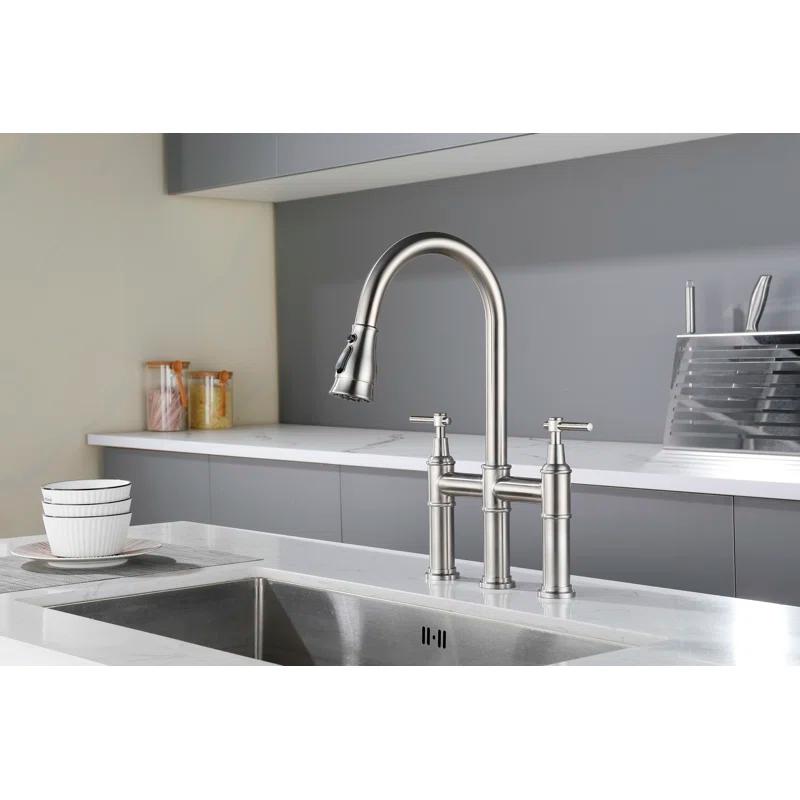 RBROHANT LYJ0078 17.32" Bridge Kitchen Faucet with Pull Down Sprayer, Bridge Faucet for Kitchen Sink 3 Holes