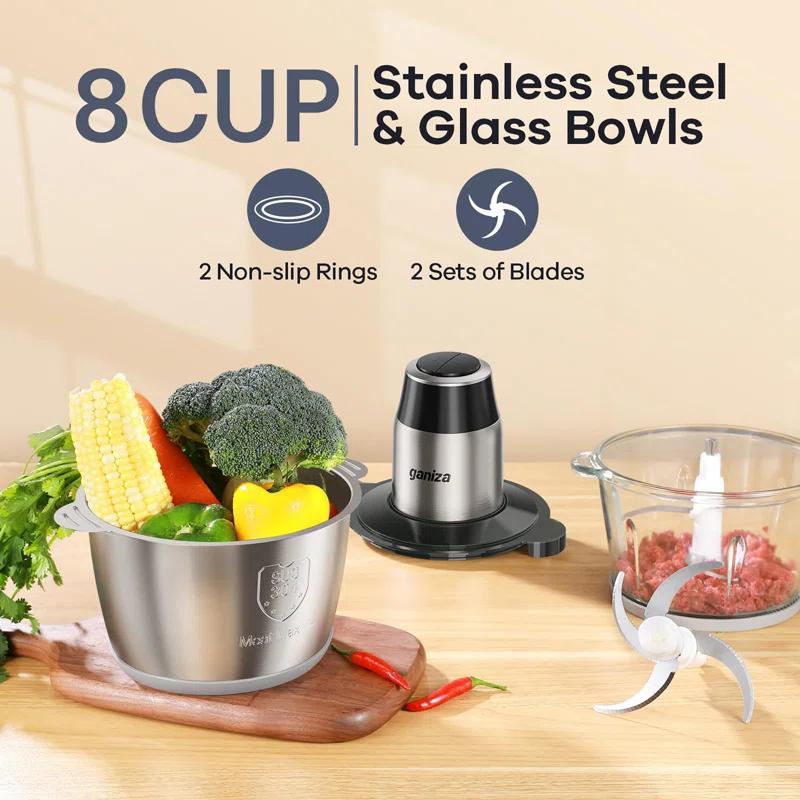 KIBNOF Food Processors, Electric Food Chopper with Meat Grinder & Vegetable Chopper - 2 Bowls (8 Cup+8 Cup) with Powerful 450W Copper Motor - Includes 2 Sets of Bi-Level Blades for Fruits/Meat/Nuts