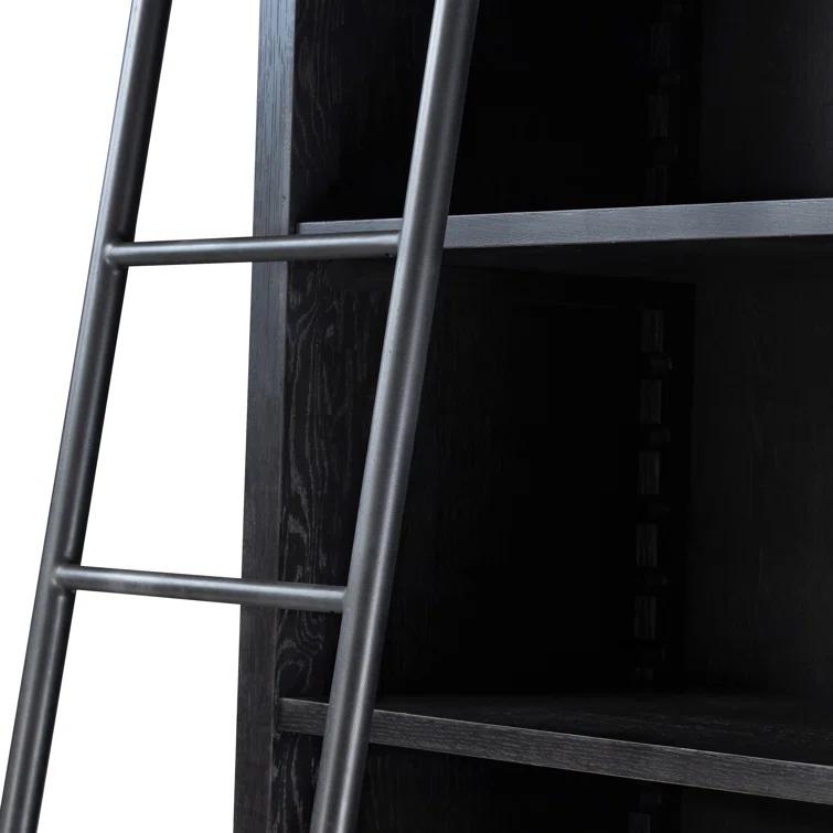 Worn Black Oak Double Bookcase with Iron Ladder