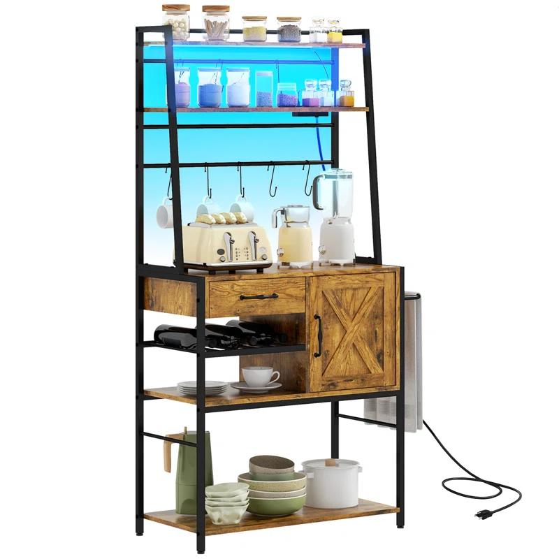 17 Stories Baker's Rack With Power Outlet And LED Lights Bar With Storage Shelves,Industrial Microwave Stand With Wine Bottle Rack,Drawer,Barn Door Cabinet