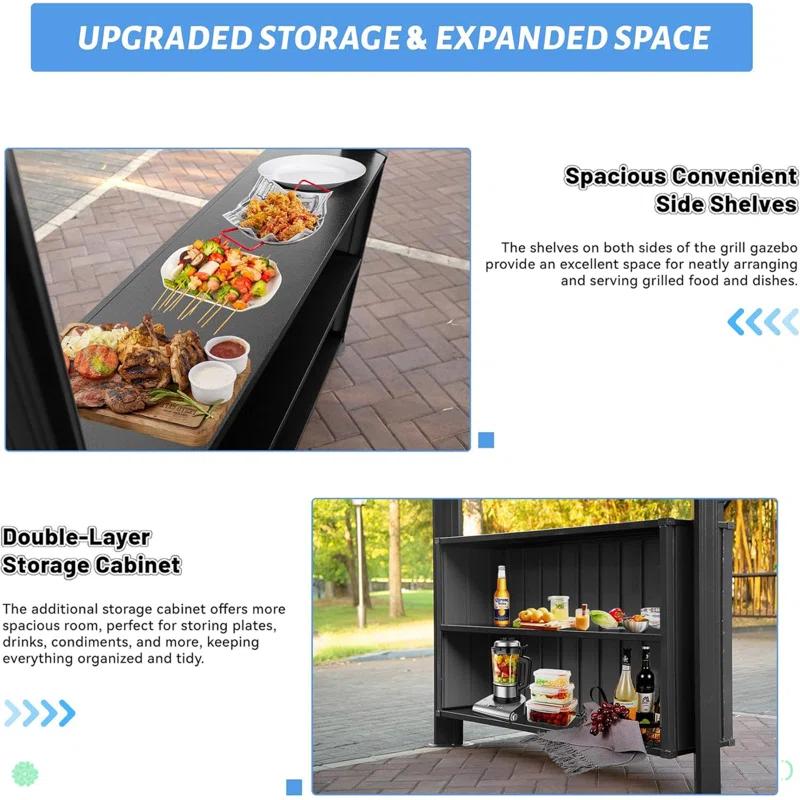 VODYXSEP Hardtop Grill Gazebo, Outdoor BBQ Gazebo With Double Galvanized Steel Roof, Patio Grill Canopy With 2 Cabinets And Ceiling Hooks For Backyard, Lawn, Garden