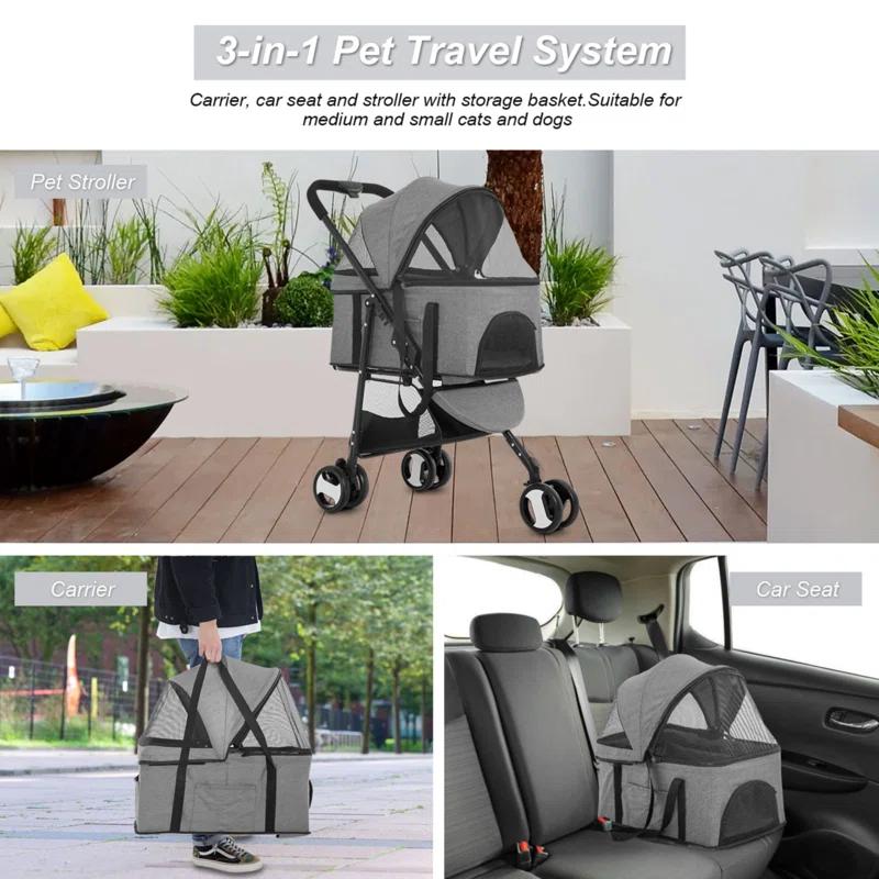 Foldable Pet Stroller with Detachable Carrier