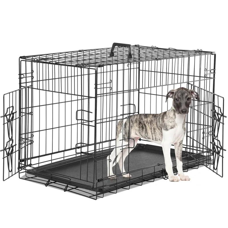 Ebern Designs Medium Dog Crate With Divider Panel, 30 Inch Double Door Folding Metal Wire Dog Cage With Plastic Leak-Proof Pan Tray, Pet Kennel For Indoor, Outdoor, Travel