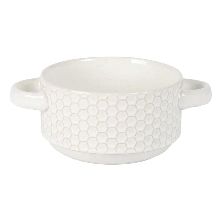 Gibson Elite Gibson Elite Oyster Tide Embossed 6 Inch Soup Bowls with Handles. French Onion Soup Crocks, Stackable Soup Bowl, Chili, Beef Stew Reactive Glaze  Stackable Ceramic Bowl, Set of 4, White