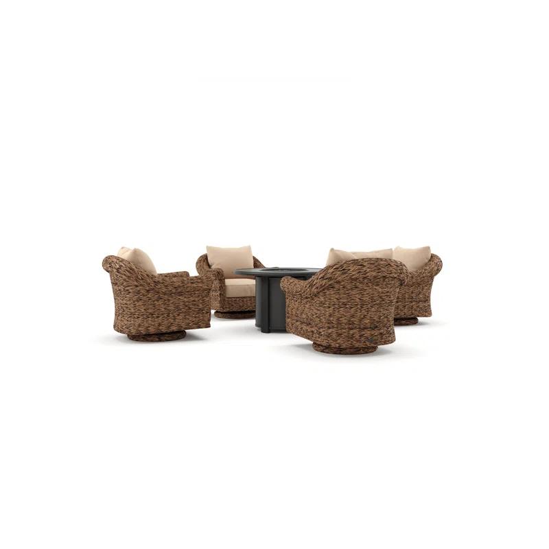 Winston Cayman Swivel Glider Lounge Chair and Fire Pit 5 Piece Rattan Seating Group with Sunbrella Cushions