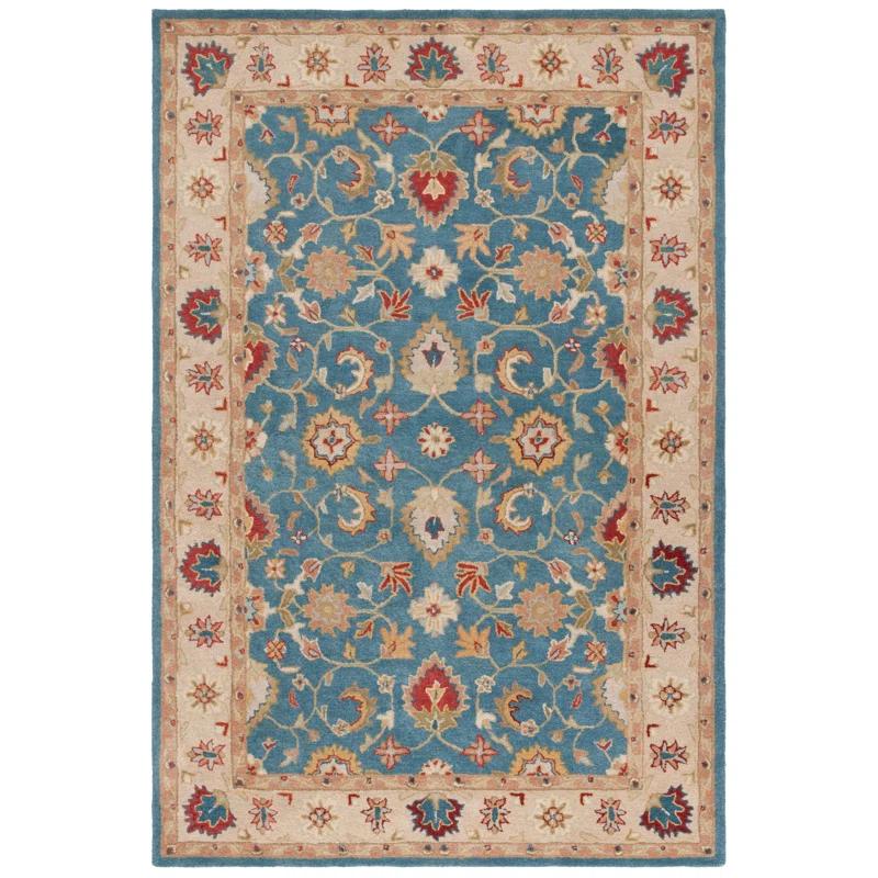 Antiquity Inspired Blue and Beige Handmade Wool Area Rug - 7'6" x 9'6"