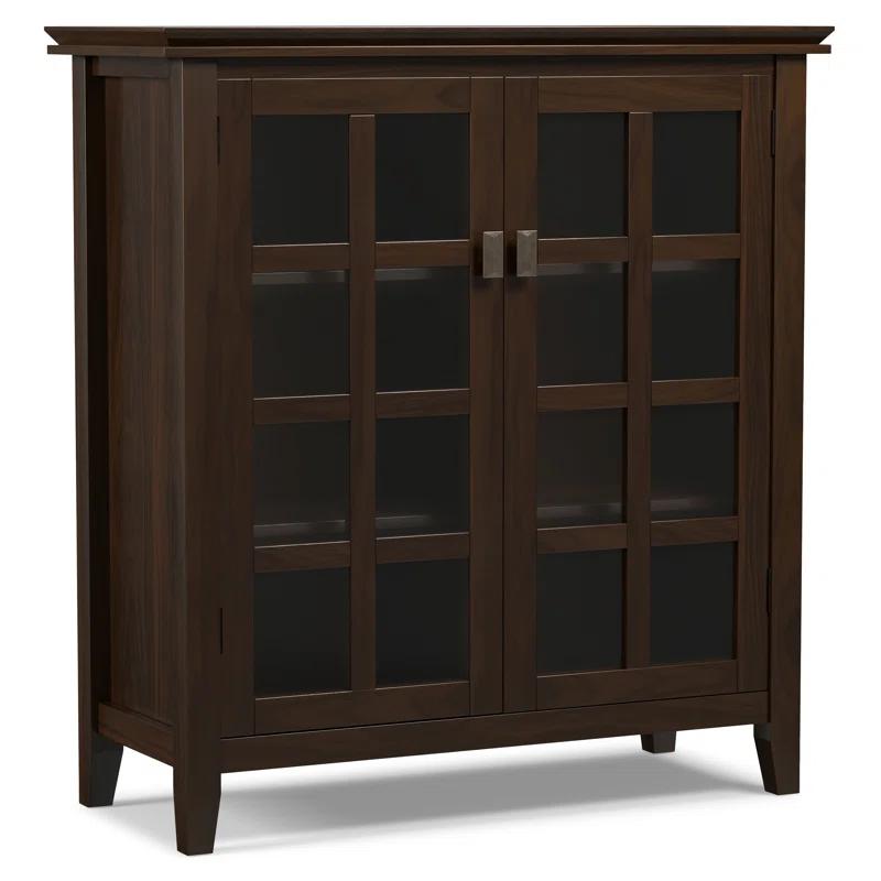 Simpli Home Artisan 38"W Solid Wood 4-Shelf Medium Storage Cabinet with Glass Doors and Adjustable Shelves