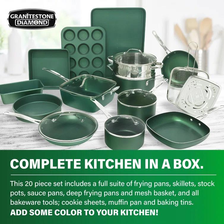 Granitestone Blue 20 Piece Aluminum Non Stick Cookware & Bakeware Set with Ultra Nonstick Surface, Oven & Dishwasher Safe