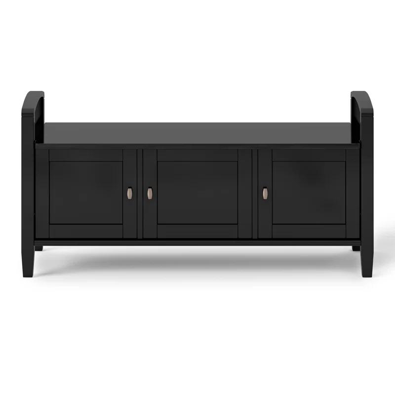 Simpli Home Warm Shaker 44"W Solid Wood Entryway Storage Bench with 3 Cabinets, Shaker-Style Doors and Interior Shelves
