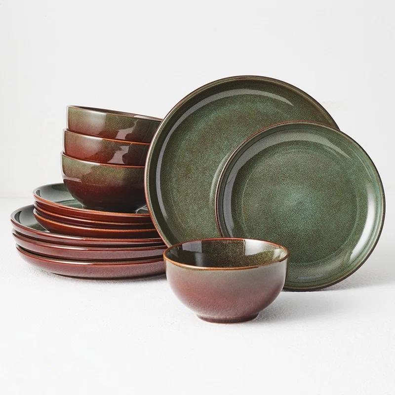Orren Ellis Stoneware Dinnerware Sets Service For 4, 12 Pcs Reactive Glaze Plates And Bowls Sets, Handmade Ceramic Dish Set, Highly Chip And Crack Resistant Modern Plate Set, Sage Green