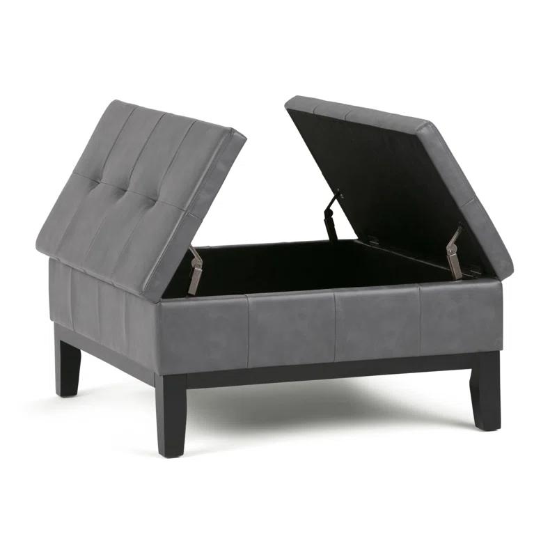 Simpli Home Dover 36"W Upholstered Square Coffee Table Storage Ottoman with Split Tufted Lift Top