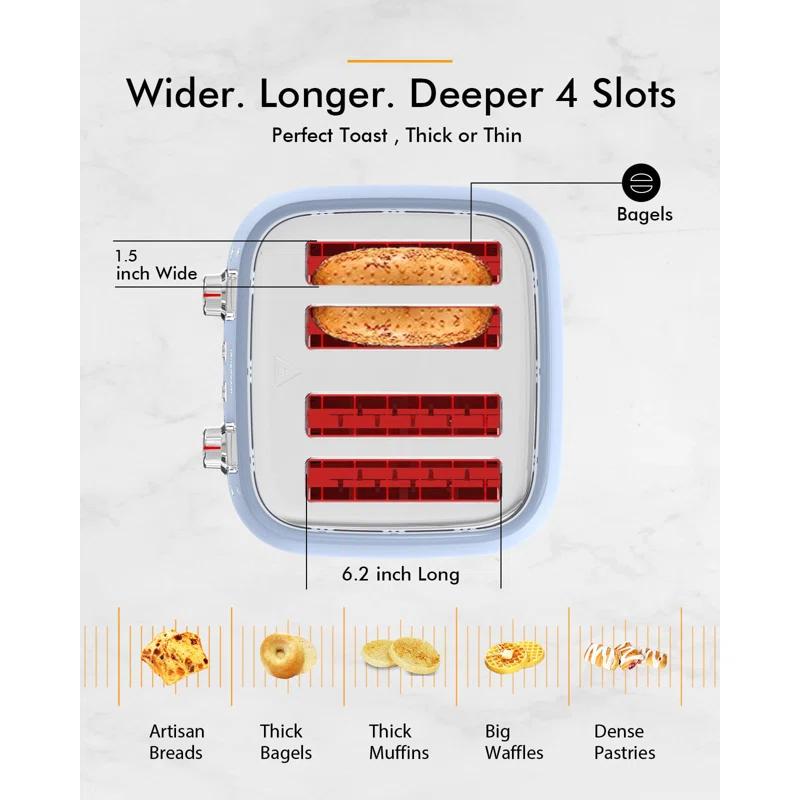LONGDEEM 4 Slice Toaster, Extra Wide Slots, Longdeem Retro Stainless Steel Toasters, 6 Browning Options, Auto Shut Off & Frozen Function, Toast Fruit Bread, Bagel & Waffle | Wayfair