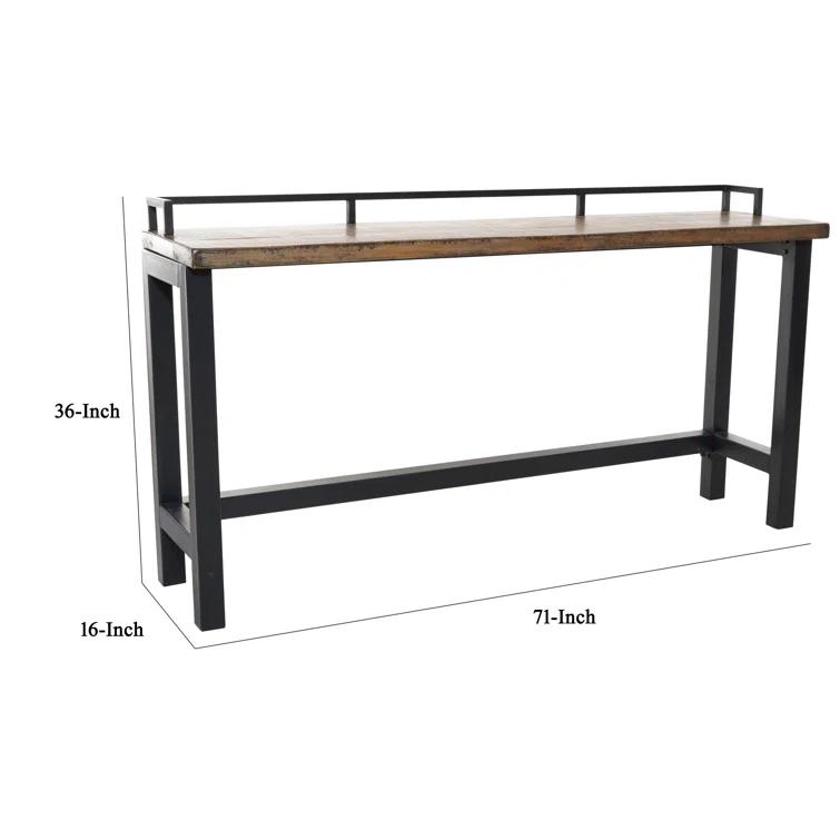 Benjara Fyan Counter Table W Rails, Black Iron Base, 71 Inch Rectangular Top
