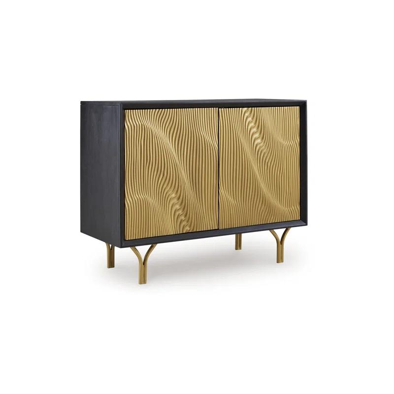 Benjara Yien Sideboard Console, 2 Carved Doors, Gold Legs, Black Wood 40 Inch