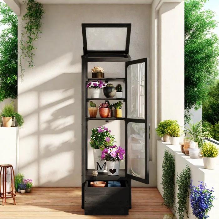 mosaicmotifco Wood Garden Greenhouse Balcony Portable Mini Cold Frame With Movable Storage Box, Adjustable Shelves And 1 Drawer