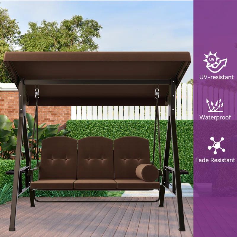 Arlmont & Co. 3-Person Porch Swing with Cup Holders with Removable Cushions and Convertible Canopy