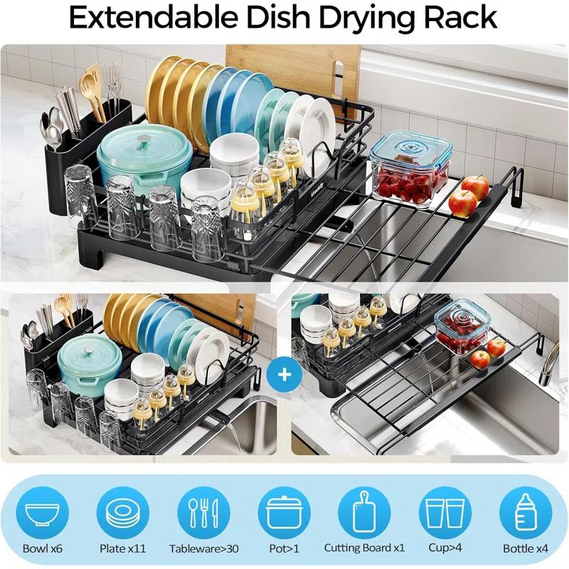 THE GLAMOUR BOUTIQUES Extendable Dish Drying Rack, 2 In 1 Multifunction Dish Rack For Kitchen Counter, Expandable Dish Drainer Over Sink, Large Dish Strainer With Drainboard & Cups Holder, Black