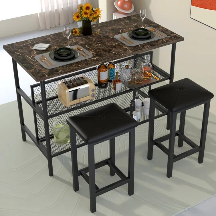 Ebern Designs Helidon 3 - Piece Trestle Dining Set w/2 Stools and 2 Open Shelves,Bar Height Table and Chairs