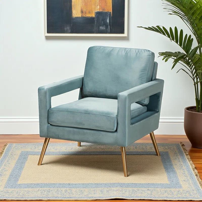Everly Quinn Arbaaz Light Blue Velvet Fabric and Brushed Gold Leg Armchair, 34.5'' H X 29.1'' W X 34.5'' D