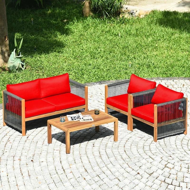 Highland Dunes Menges Outdoor Patio 4 Pieces Acacia Wood Sofa Set with Cushions