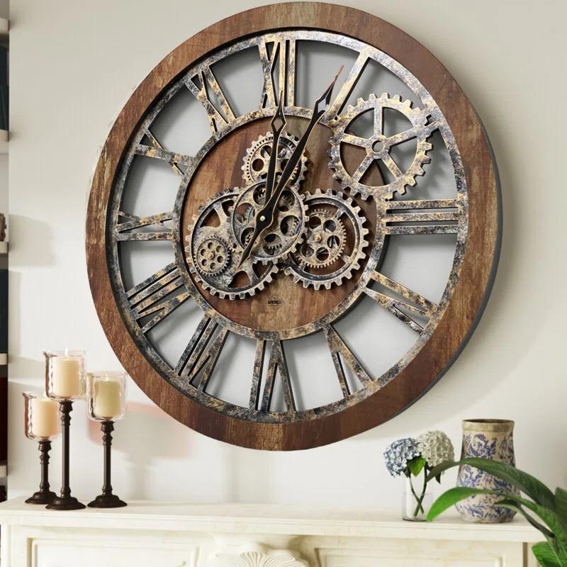 Wall Clock 24" Round Oversized for Living Room decor with Real Moving Gears America Collection