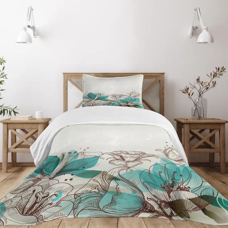 Ambesonne Ambesonne Turquoise Bedspread Retro Hibiscus