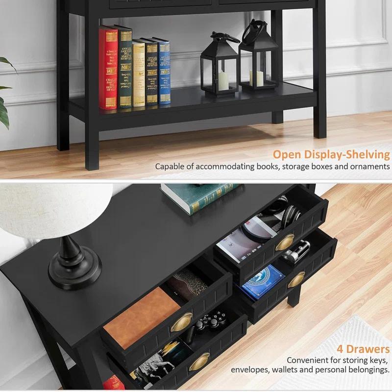 Console Table with 4 Drawers,Sofa Side Table with Open Storage Shelf, Entryway Table for Living Room