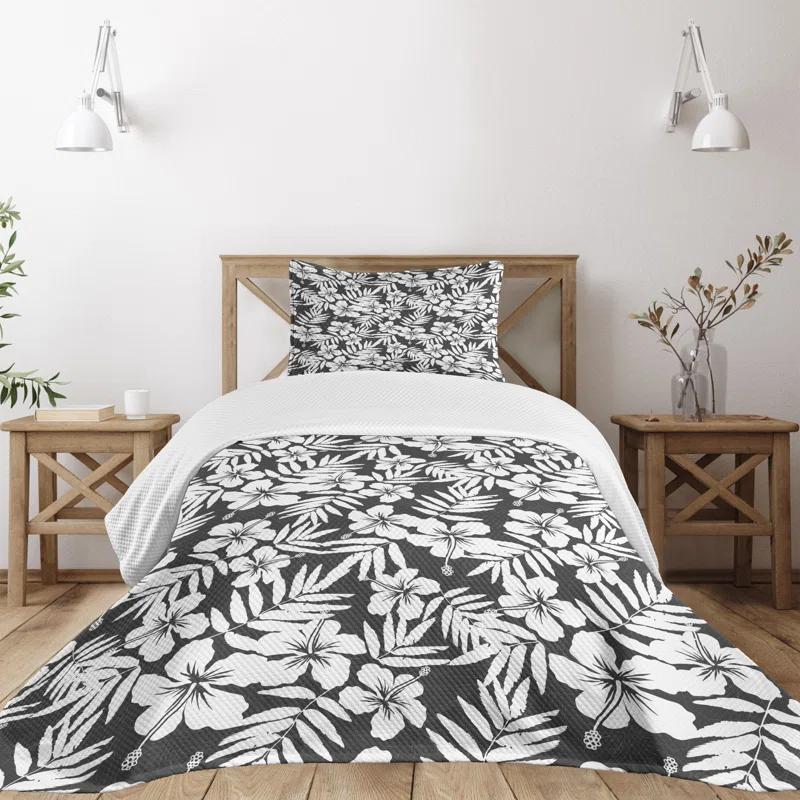 Ambesonne Ambesonne Tropical Bedspread Set Exotic Hibiscus Flower Grey and White