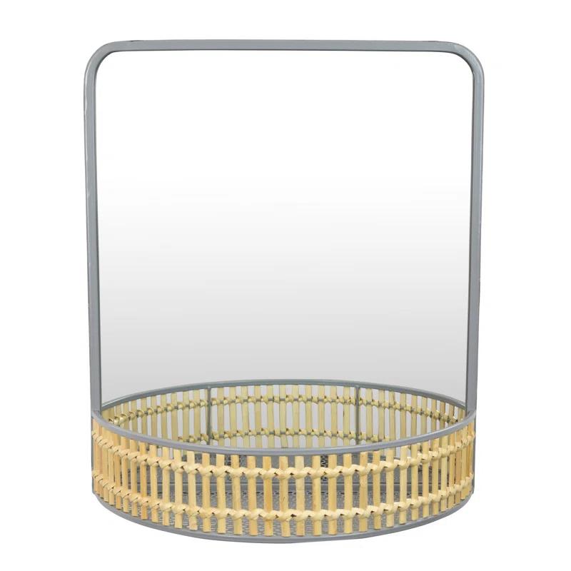 Benjara Elpis Wall Mirror Decor with Woven Shelf, 20 Inch Tall Metal