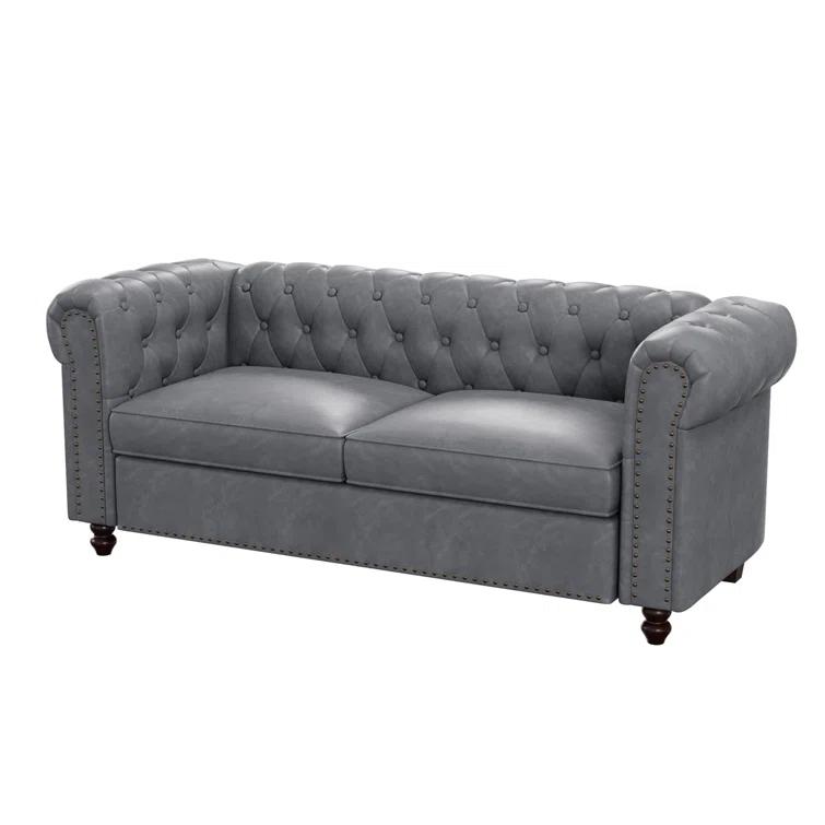 Alcott Hill® 72 Inch Couch Chesterfield Leather Sofa With Wooden Legs