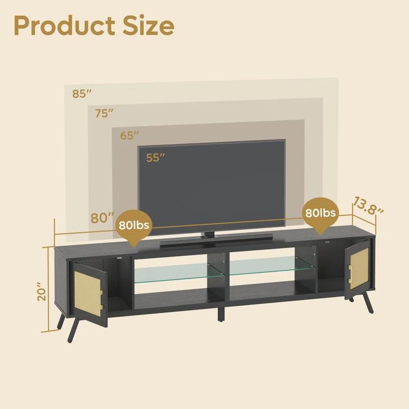 Bay Isle Home™ Alwies 80 inch TV Stand for TVs up to 85", Combinable Entertainment Center with LED Light and Adjustable Shelves, 4-1 Rattan TV console