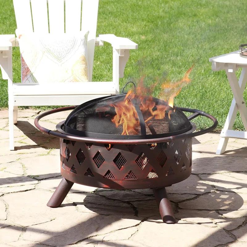 Alcott Hill® Mast Round Wood-Burning Bronze Finish Crossweave Fire Pit with Screen and Poker