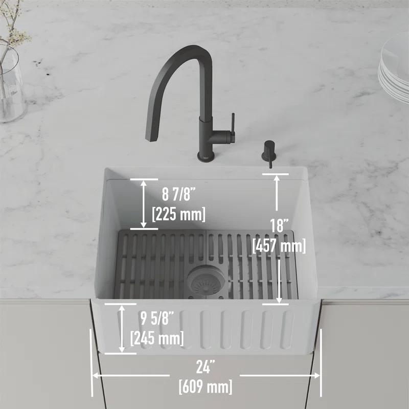 Matte Stone 24" L x 18" W Single Bowl Farmhouse Kitchen Sink with Basket Strainer and Silicone Grid