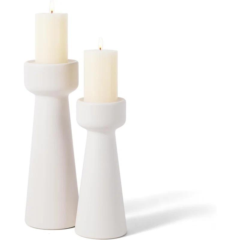 Hokku Designs Candle Holders Ceramic White Taper S&L Set Of 2 Matte Stylish Decorative Candlestick Holders