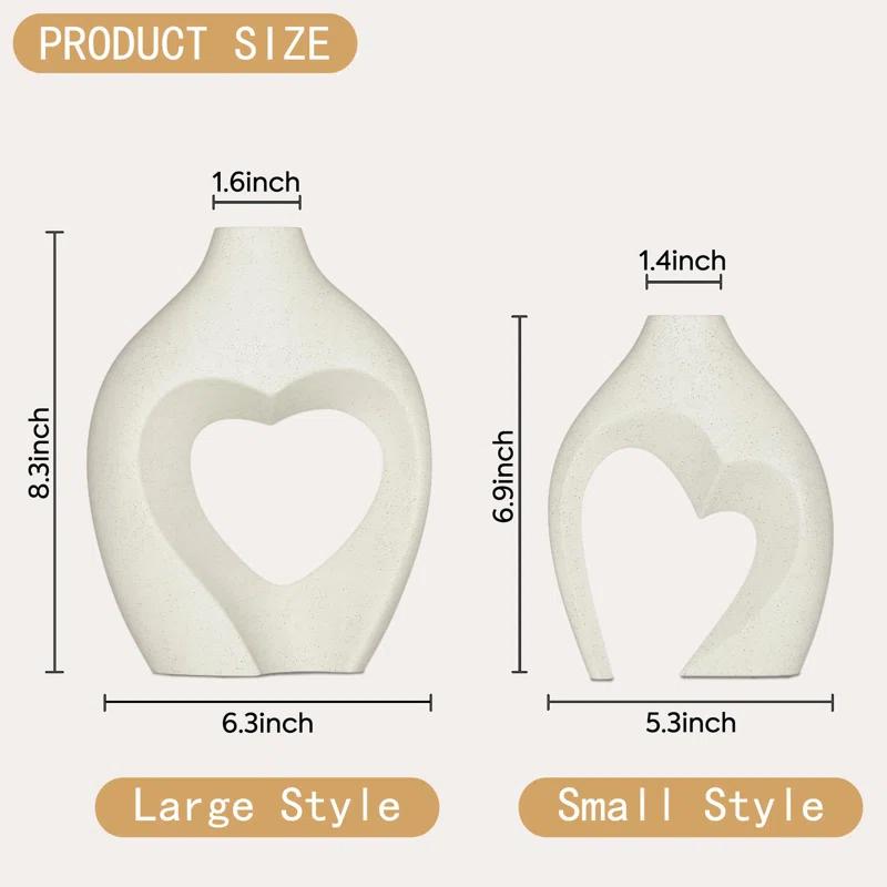 White Vases For Decor, Heart Shaped Ceramic Vase Set Of 2, Nordic Heart Shaped Vases, Minimalist Decorative Vase For Table Centerpiece Wedding Dining Living Room Office House Decoration