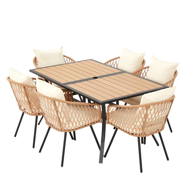 EROMMY 7 Piece Outdoor Dining Table Set, Patio Table And Chairs Set With 6 Rattan Chairs, Rectangular Table With Umbrella Hole, All-weather Patio Furniture For Backyard, Lawn, Garden