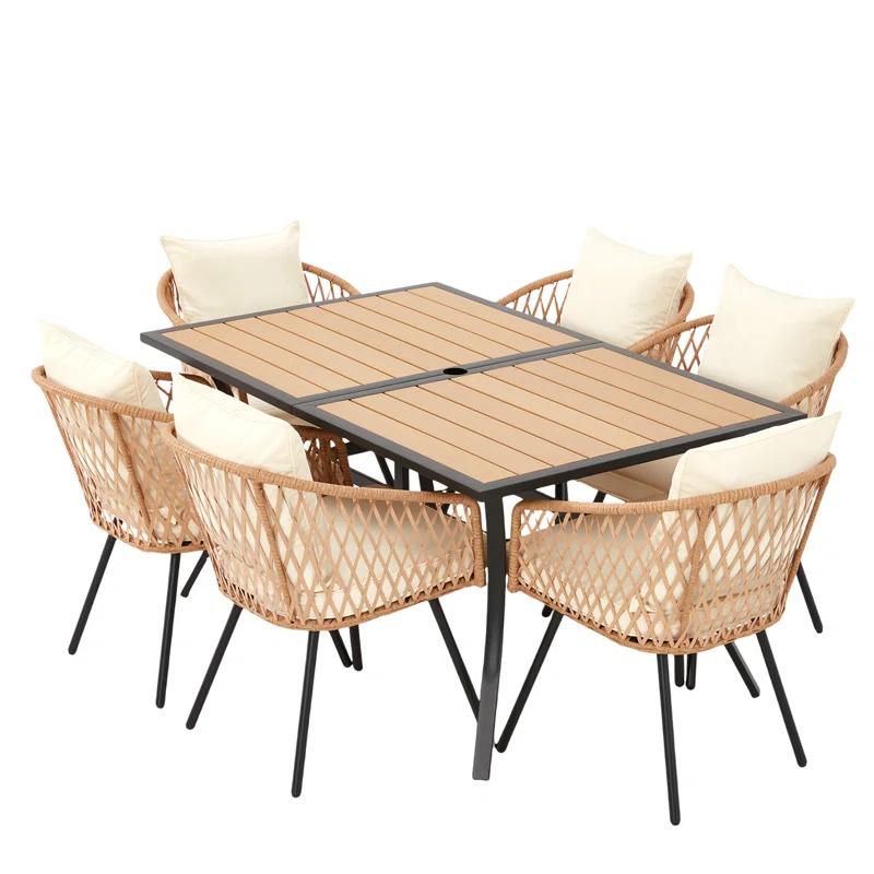 EROMMY 7 Piece Outdoor Dining Table Set, Patio Table And Chairs Set With 6 Rattan Chairs, Rectangular Table With Umbrella Hole, All-weather Patio Furniture For Backyard, Lawn, Garden