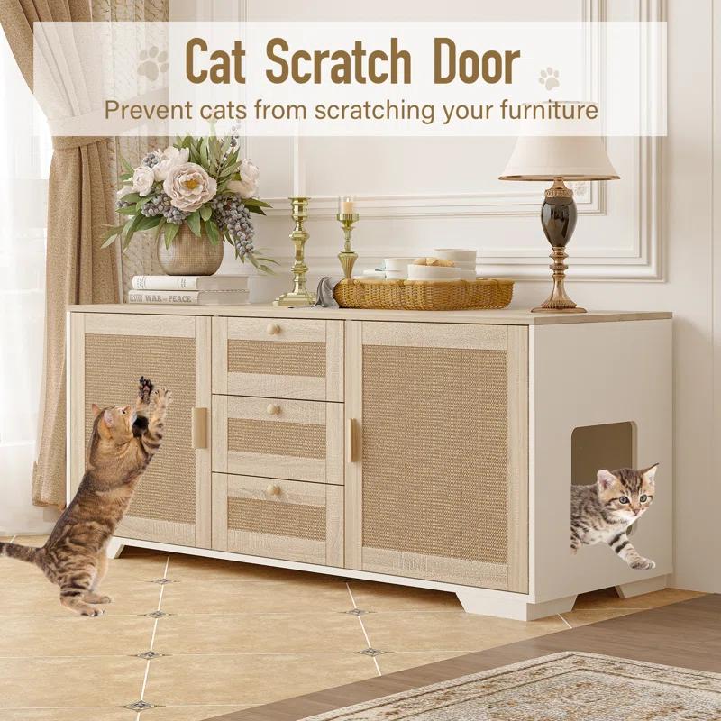 Tucker Murphy Pet™ Cat Litter Box Enclosure Indoor Wood Cat Furniture Cabinet With Scratching Pad Doors And 3 Drawer, 55”X20”X24”H