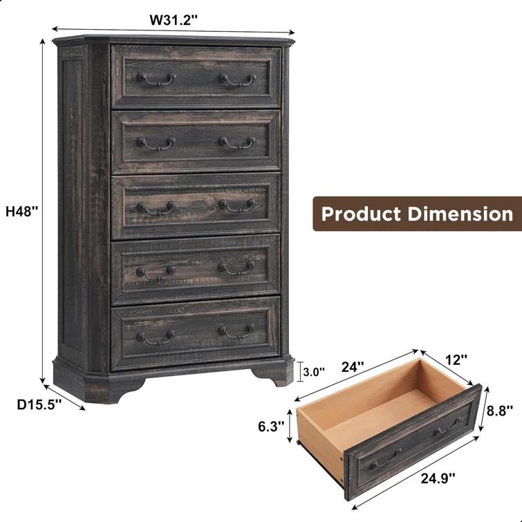 Laurel Foundry Modern Farmhouse® Theron Farmhouse 5 Drawer Bedroom Dresser, Wood Tall Chest of Drawers, Closet Storage for Bedroom