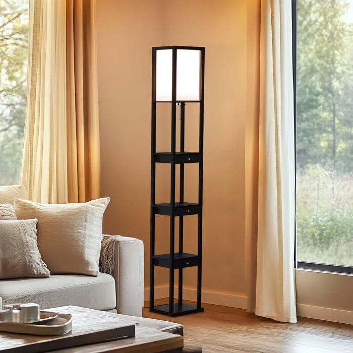 Brightech Maxwell 72" Traditional LED Shelf Floor Lamp with Black Finish, 4 Built-In Shelves, 3 Storage Drawers, Bulb Included