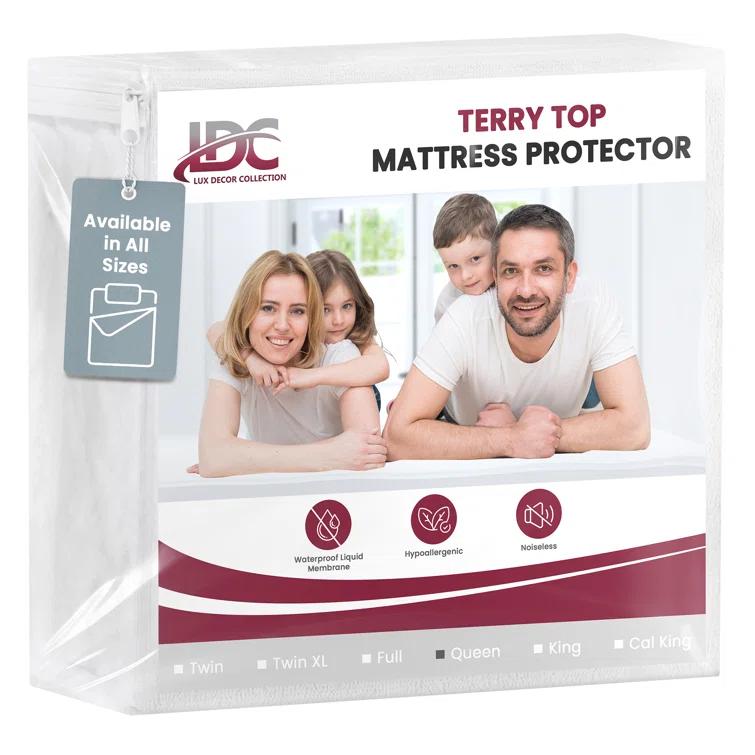 Lux Decor Collection Poly Cotton Terry Top Fitted Mattress Protector Waterproof Hypoallergenic