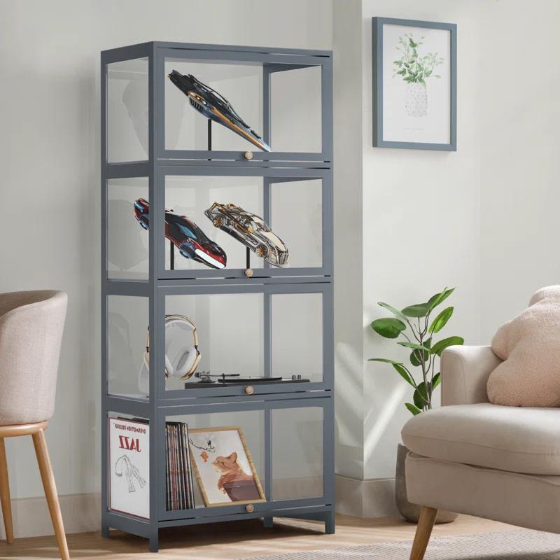 Magshion Modern 55" 4-Tier Transparent Display Cabinet Floor Standing Showcase With Flip-Up Door, Ideal For Living Room, Bedroom, Or Office Curio Collection