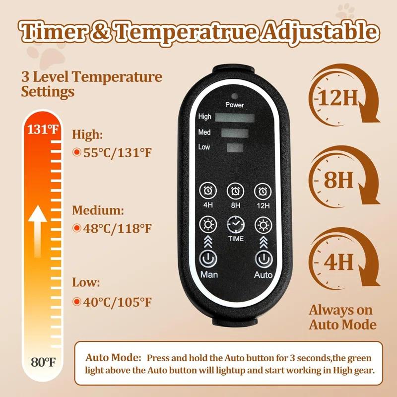 Archie & Oscar™ Cat Heating Pad & Dog Heating Pad, Jim Timer and Jim Level Temperature Smart Sensor Electric Pet Heating Pad with Chew Resistant Cord, Indoor Outdoor Warm Heated Bed for Dogs Cats -17.7x17.7