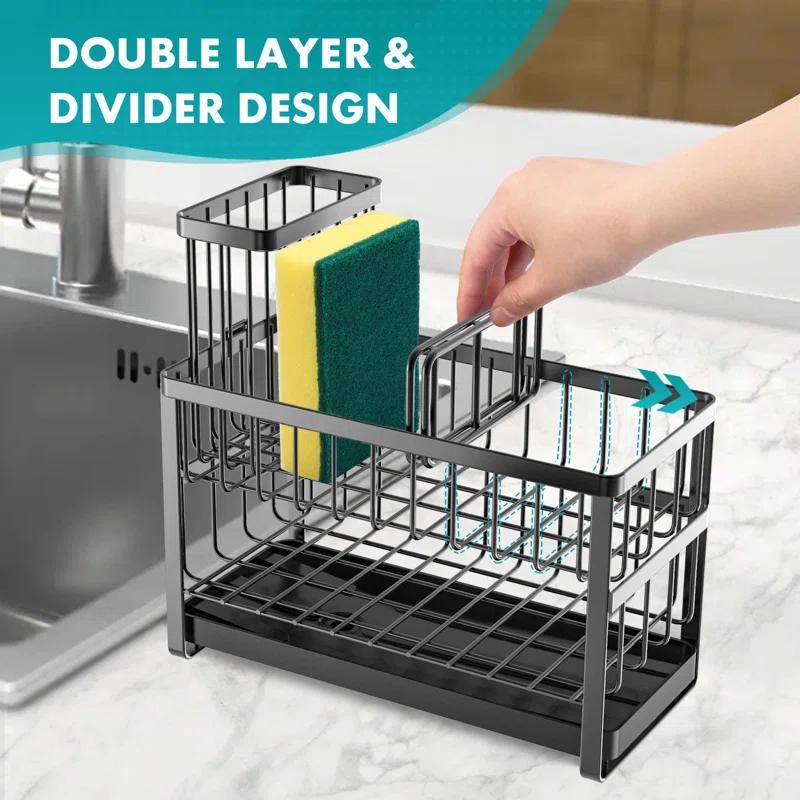 COOREL Sponge Holder For Kitchen Sink Organizer Caddy,2 Tier Dish Brush Scrubber Holder,Stainless Steel Sink Box Utensil Holder With Stand,Black