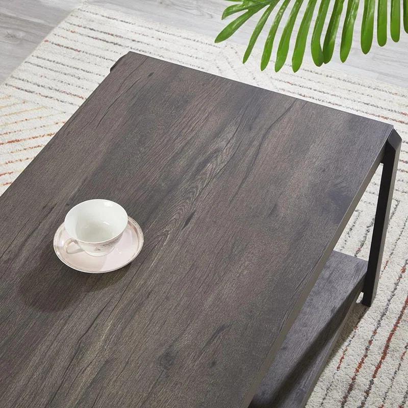 17 Stories Coffee Table With Storage Shelf, Rustic Wood And Metal Cocktail Table For Living Room, Grey