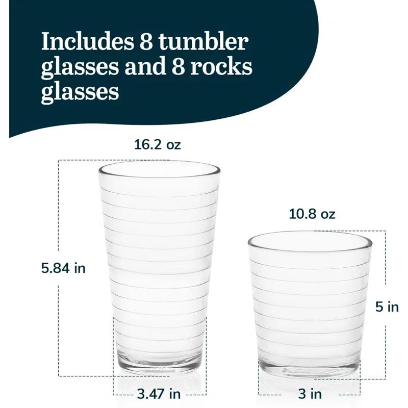 Textiles Hub Hoops 16-Piece Tumbler And Rocks Glass Set