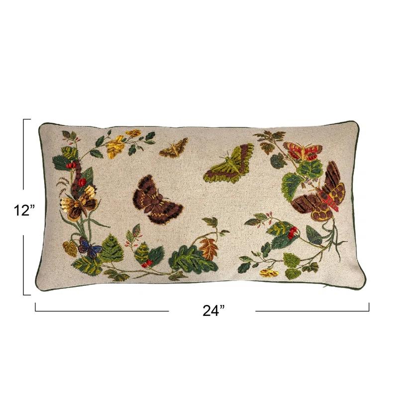 Creative Co-Op Cotton Lumbar Pillow with Butterflies, Flowers, Embroidery, and Piping